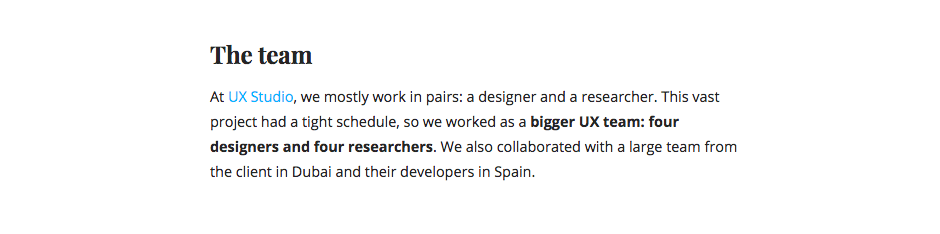 Screenshot of a team description in a UX case study